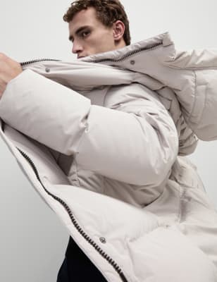 

Mens M&S Collection Feather and Down Hooded Puffer Jacket with Stormwear™ - Light Grey, Light Grey