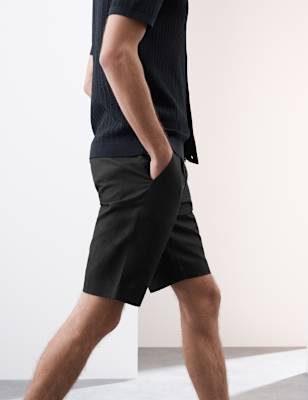 Autograph Cotton Linen Blend Single Pleat Shorts - 42MID - Stone, Stone