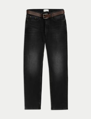 

Mens M&S Collection Straight Fit Vintage Wash Belted Jeans - Black, Black