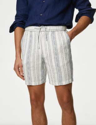 

Mens M&S Collection Linen Rich Elasticated Waist Striped Shorts - Blue Mix, Blue Mix