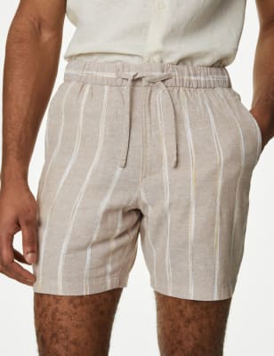 

Mens M&S Collection Gestreifte Shorts mit hohem Leinenanteil und Elastikbund - Natural Mix, Natural Mix