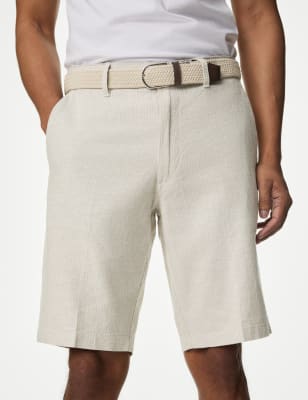 

M&S Collection Chinos cortos informales de rayas con lino con cinturónMens - Natural Mix, Natural Mix