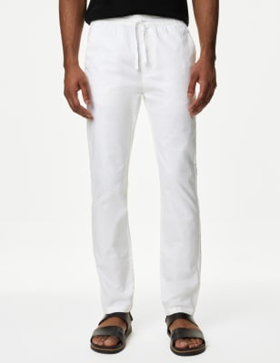 

Mens M&S Collection Tapered Fit Linen Blend Trousers - White, White