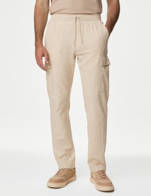 

Mens M&S Collection Linen Rich Elasticated Waist Cargo Trousers - Stone, Stone