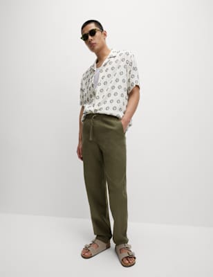 

Mens M&S Collection Loose Fit Cotton Linen Blend Elasticated Trousers, Hunter Green