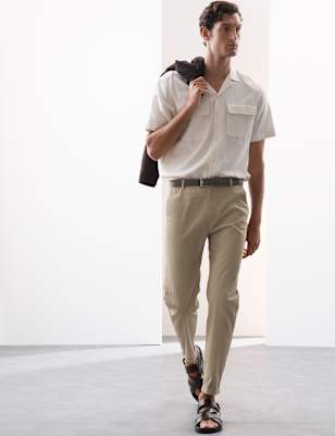 

Mens Autograph Super Lightweight Tapered Fit Elasticated Waist Trousers, Sand