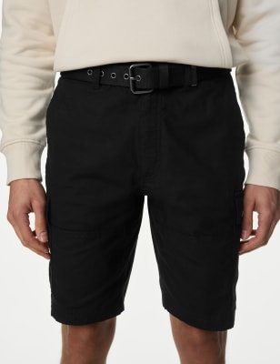 

Mens M&S Collection Pure Cotton Ripstop Textured Belted Cargo Shorts - Black, Black