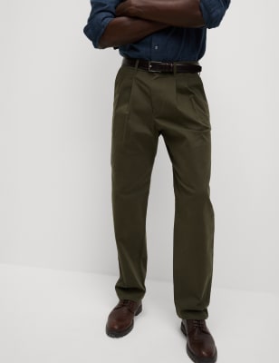 

Mens M&S Collection Tapered Fit Twin Pleat Stretch Chinos, Faded Khaki