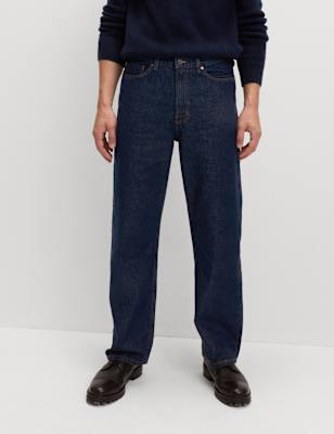 Mens M&S Loose Fit Pure Cotton Rigid Value Jeans, Indigo