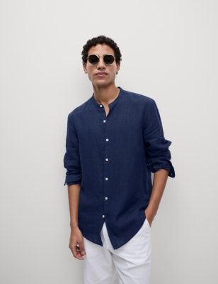 

Mens M&S Collection Pure Linen Grandad Collar Shirt - Cobalt, Cobalt