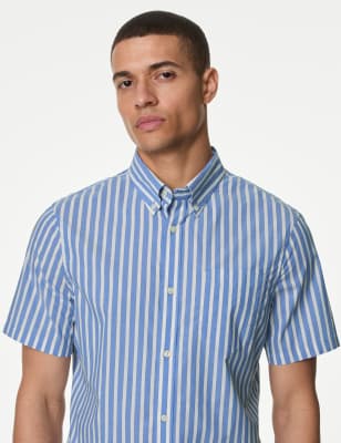 

M&S Collection Camisa de popelina de rayas de planchado fácilMens - Mid Blue, Mid Blue
