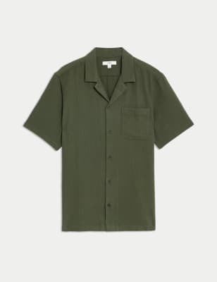 

Mens M&S Collection Bügelleichtes Hemd aus reiner Baumwolle mit Cuban Collar und Waffelmuster - Dark Green, Dark Green