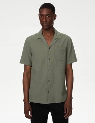 

Mens M&S Collection Easy Iron Pure Cotton Cuban Collar Waffle Shirt - Dark Khaki, Dark Khaki