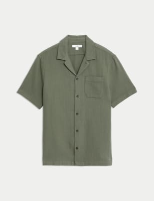 

Mens M&S Collection Easy Iron Pure Cotton Cuban Collar Waffle Shirt - Dark Khaki, Dark Khaki