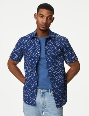 

Mens M&S Collection Easy Iron Pure Cotton Geometric Print Shirt - Blue Mix, Blue Mix