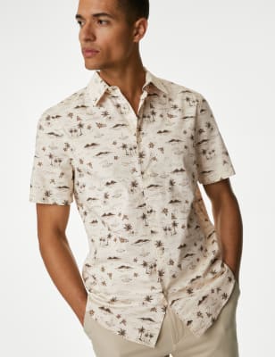 

Mens M&S Collection Bügelleichtes Hemd aus reiner Baumwolle mit geometrischem Muster - Ecru Mix, Ecru Mix