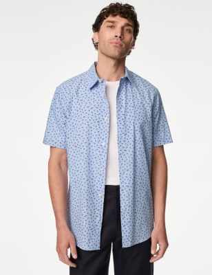 

Mens M&S Collection Easy Iron Pure Cotton Geometric Print Shirt - Light Chambray, Light Chambray