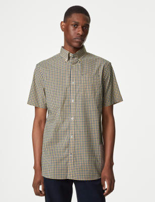 

M&S Collection Camisa Oxford de algodón de planchado fácil elástica de vichyMens - Yellow Mix, Yellow Mix