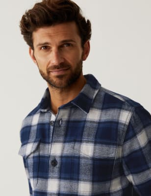 

M&S Collection Cubrecamisas de cuadros de doble cara de algodónMens - Blue Mix, Blue Mix
