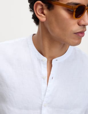 Mens M&S Collection Pure Linen Grandad Collar Shirt - White Cover