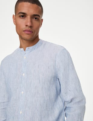 

Mens M&S Collection Pure Linen Striped Grandad Collar Shirt - Blue Mix, Blue Mix