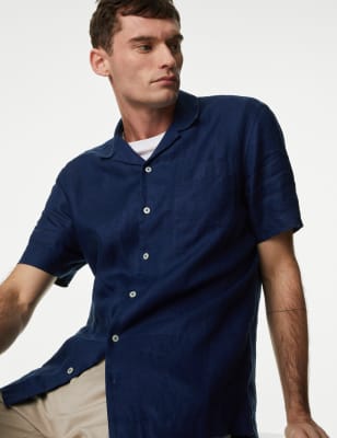 

Mens M&S Collection Pure Linen Cuban Collar Shirt - Navy, Navy