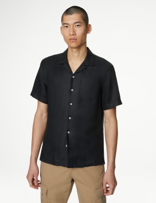 

M&S Collection Camisa con cuello cubano 100% linoMens - Black, Black