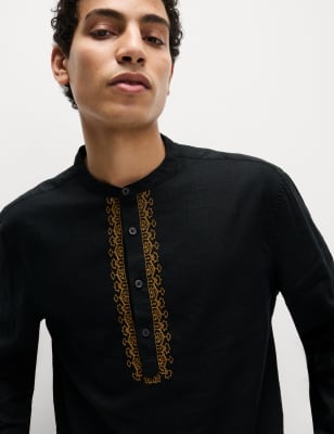 

Mens M&S Collection Easy Iron Linen Rich Embroidered Kurta - Black, Black