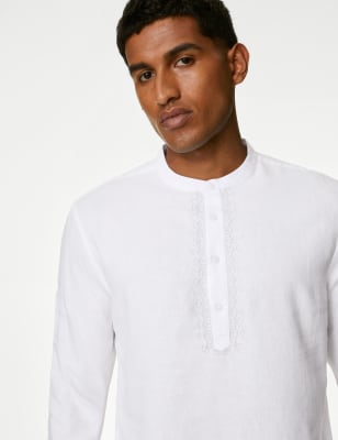 

Mens M&S Collection Easy Iron Linen Rich Embroidered Kurta - White, White