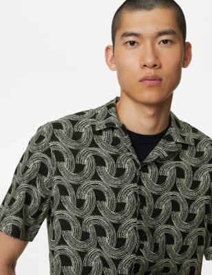 

Mens M&S Collection Easy Iron Linen Blend Hawaiian Printed Shirt - Black, Black