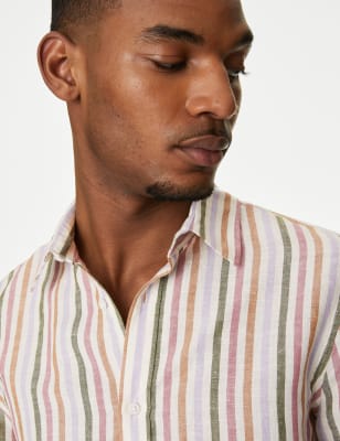 

Mens M&S Collection Easy Iron Cotton Linen Blend Striped Shirt - Pink Mix, Pink Mix