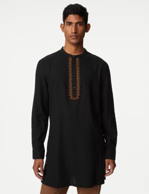 

Mens M&S Collection Linen Rich Longer Length Kurta - Black, Black