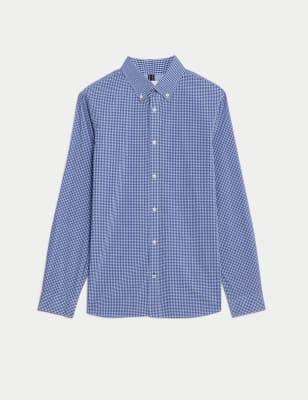 

Mens M&S Collection Easy Iron Cotton Stretch Gingham Oxford Shirt - Blue Mix, Blue Mix