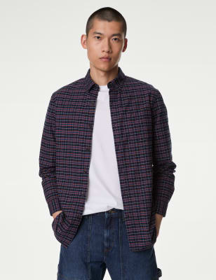 

Mens M&S Collection Bügelleichtes, kariertes Oxford-Hemd aus reiner Baumwolle - Blue Mix, Blue Mix