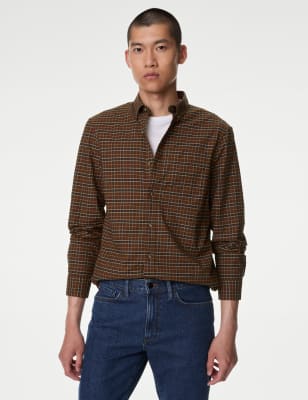 

Mens M&S Collection Bügelleichtes, kariertes Oxford-Hemd aus reiner Baumwolle - Brown Mix, Brown Mix