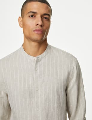

Mens M&S Collection Linen Rich Striped Grandad Collar Shirt - Neutral Brown, Neutral Brown