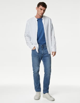 

Mens M&S Collection Linen Rich Striped Grandad Collar Shirt - White Mix, White Mix