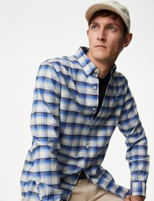 

Mens M&S Collection Bügelleichtes, kariertes Oxford-Hemd aus reiner Baumwolle - Blue Mix, Blue Mix