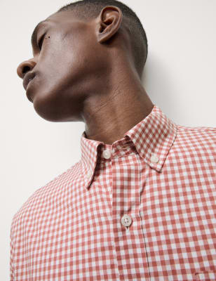 

Mens M&S Collection Cotton Rich Gingham Check Oxford Shirt - Coral, Coral