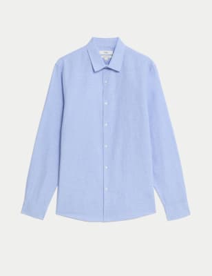 

Mens M&S Collection Cotton Linen Blend Check Shirt - Blue Mix, Blue Mix