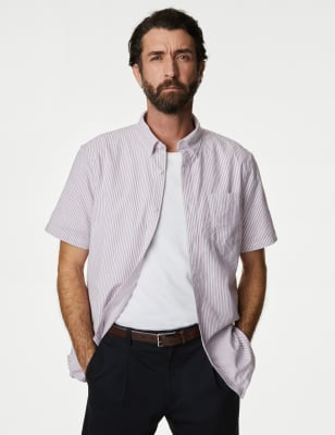 

Mens M&S Collection Gestreiftes Oxford-Hemd aus reiner Baumwolle - Bright Red, Bright Red