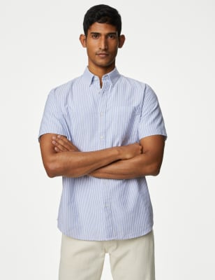 

Mens M&S Collection Gestreiftes Oxford-Hemd aus reiner Baumwolle - Blue, Blue