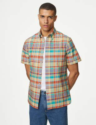 

M&S Collection Camisa Oxford 100% algodón de planchado fácil de cuadrosMens - Orange Mix, Orange Mix