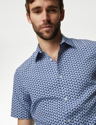 

Mens M&S Collection Bügelleichtes Hemd mit geometrischem Muster - Blue Mix, Blue Mix