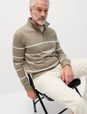 

Mens M&S Collection Gestreiftes Sweatshirt aus reiner Baumwolle und mit halbem Reißverschluss - Sand, Sand