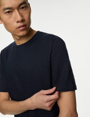 

Mens M&S Collection Pure Linen T-Shirt - Dark Navy, Dark Navy