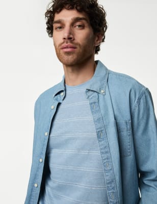 

Mens M&S Collection T-Shirt aus reinem Leinen mit Streifen - Pale Blue Mix, Pale Blue Mix