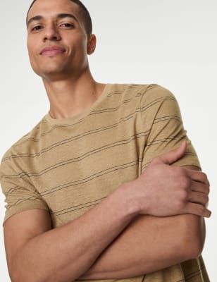 

Mens M&S Collection Pure Linen Striped T-Shirt - Natural Mix, Natural Mix
