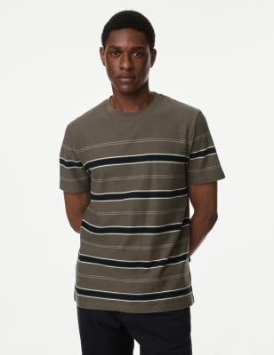 

Mens M&S Collection Pure Cotton Herringbone Striped T-shirt - Mole Mix, Mole Mix