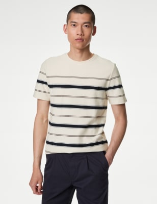 

Mens M&S Collection Pure Cotton Herringbone Striped T-shirt - Ecru Mix, Ecru Mix